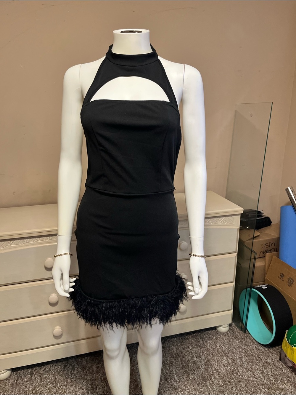 SHEIN Black Halter Mini Dress with Feather Trim